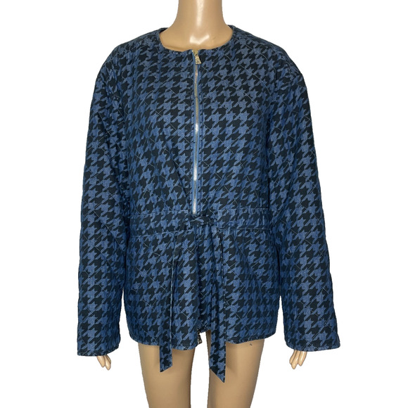 Women's Large Anne Klein Chambray Houndstooth Zip Denim Jacket NEW - Picture 1 of 7